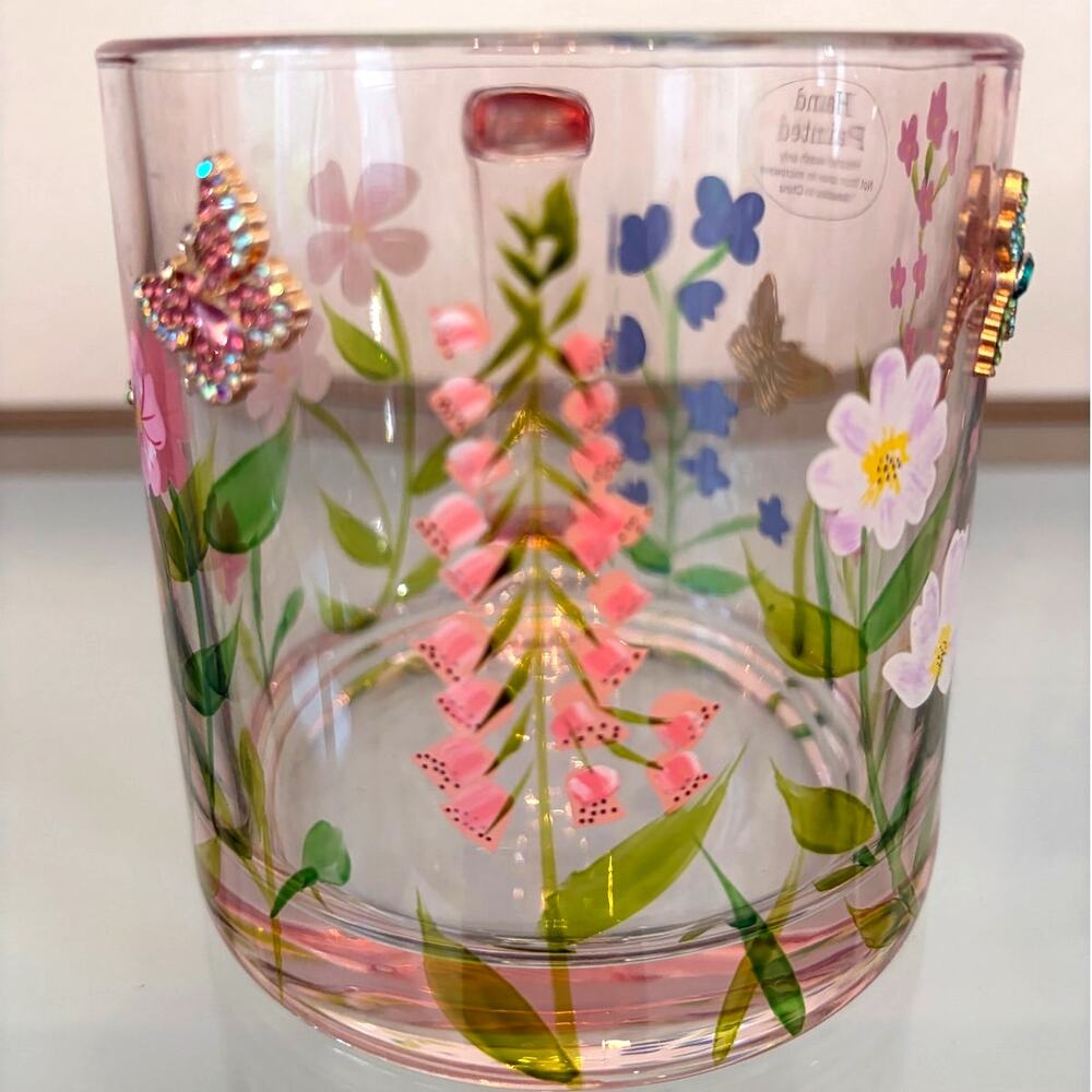 2pc Hand Painted & Jeweled Glass Mugs Multicolored Floral Butterfly NEW - Picture 3 of 15
